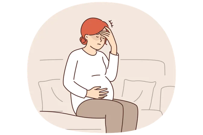 Pregnant woman feeling headache and migraine sitting on couch and waiting for doctor  Illustration