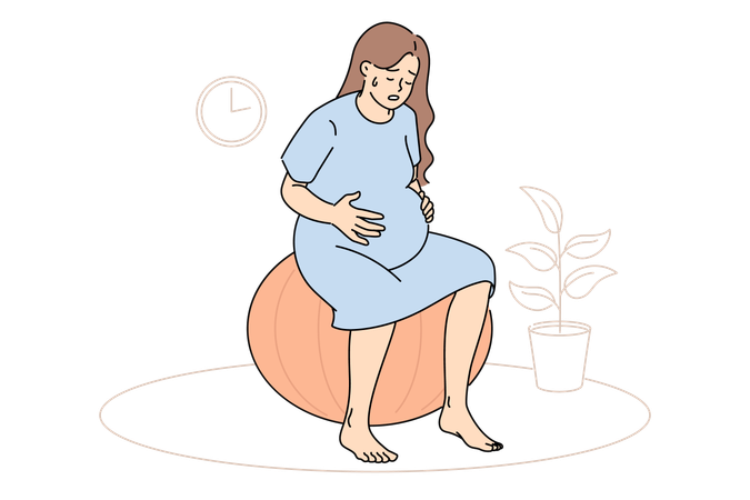 Pregnant woman feels contractions and labor is approaching  Illustration