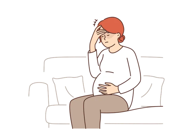 Pregnant Woman Feeling Headache And Migraine Sitting On Couch And Waiting For Doctor Due To Prenatal Complications Pregnant Girl Preparing To Become Mother Needs In Vitamins For Immunity Illustration