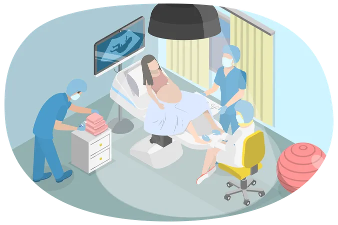 3 D Isometric Flat Vector Conceptual Illustration Of Childbirth Pregnant Woman Giving Birth To A Baby In Hospital Illustration