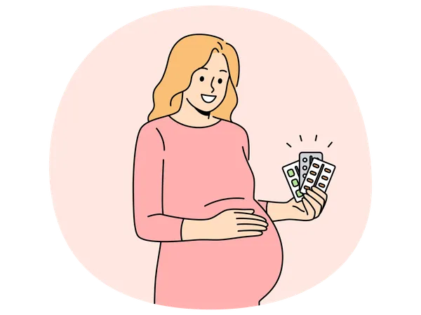 Pregnant woman holding blisters of pills and vitamins to support immunity of baby in womb  Illustration