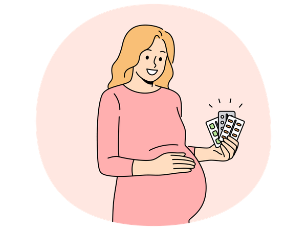Pregnant woman holding blisters of pills and vitamins to support immunity of baby in womb  Illustration