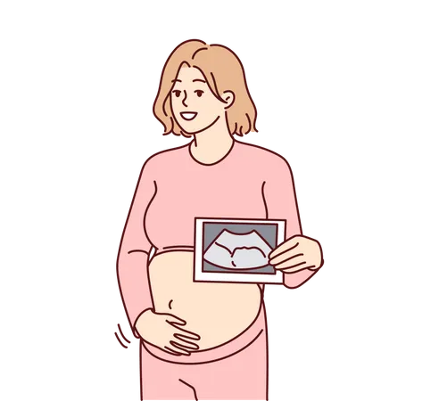 Pregnant woman holding sonography report Illustration