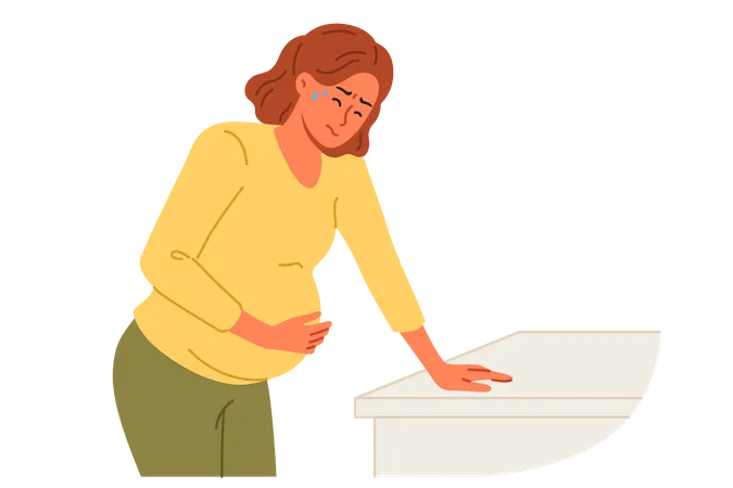 Pregnant Woman Holds Stomach Standing Near Cabinet Experiencing Pain Due To Complications Caused By Fetal Development Disorders Pregnant Girl Needs Hospitalization To Avoid Miscarriage Illustration