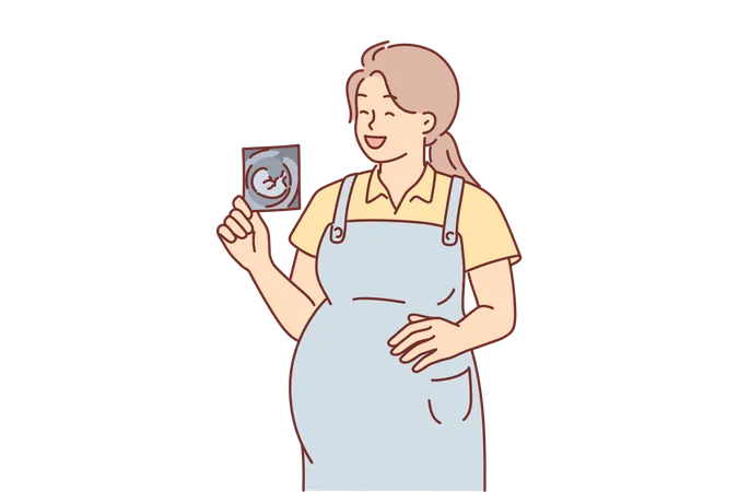 Pregnant Woman Holds Ultrasound Picture And Laughs Rejoicing At Imminent Birth Of Son Or Daughter Pregnant Girl Holding X Ray Photo Of Fetus After Undergoing Medical Examination By Doctor Illustration