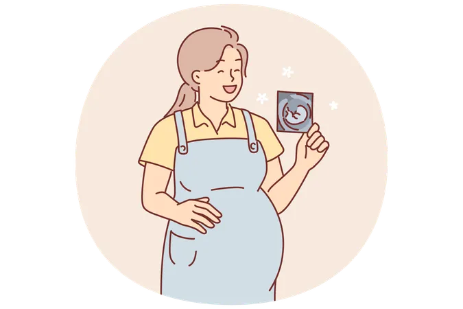 Pregnant woman holds ultrasound picture and laughs rejoicing at imminent birth of son or daughter  Illustration