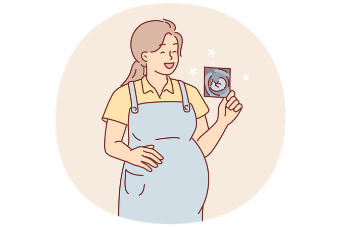 Pregnant woman holds ultrasound picture and laughs rejoicing at imminent birth of son or daughter  Illustration