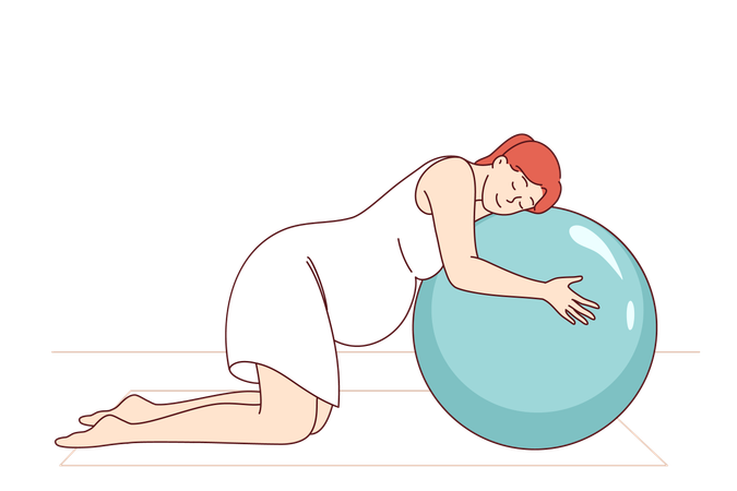 임산부가 피트니스 매트 위에서 필라테스를 하고 있고 큰 풍선 공에 기대어 있습니다.  일러스트레이션