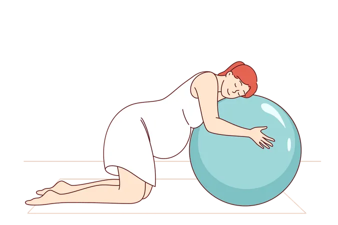 임산부가 피트니스 매트 위에서 필라테스를 하고 있고 큰 풍선 공에 기대어 있습니다.  일러스트레이션