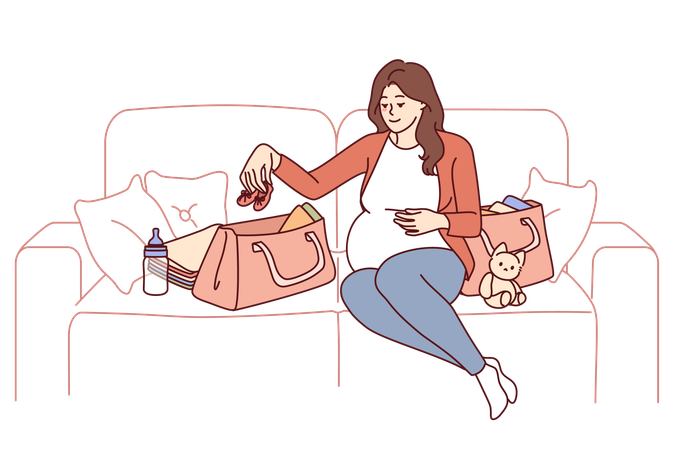 Pregnant woman is packing things for her unborn child  Illustration