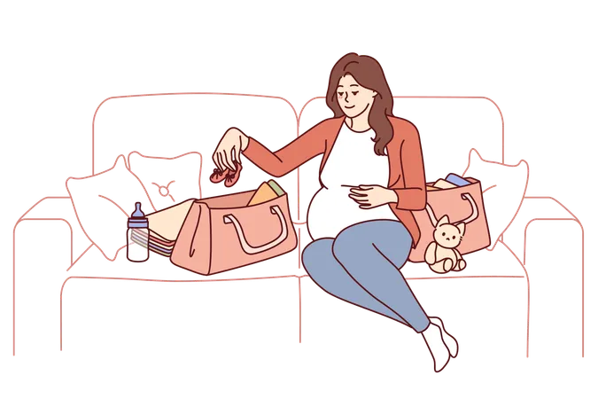 Pregnant Woman Is Packing Things For Unborn Child In Bag Going To Maternity Hospital Before Giving Birth Pregnant Girl Is Sitting On Couch Getting Ready For Motherhood And Raising Baby Illustration