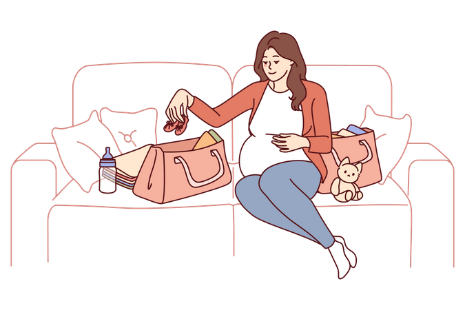 Pregnant woman is packing things for unborn child in bag before going to maternity hospital  Illustration