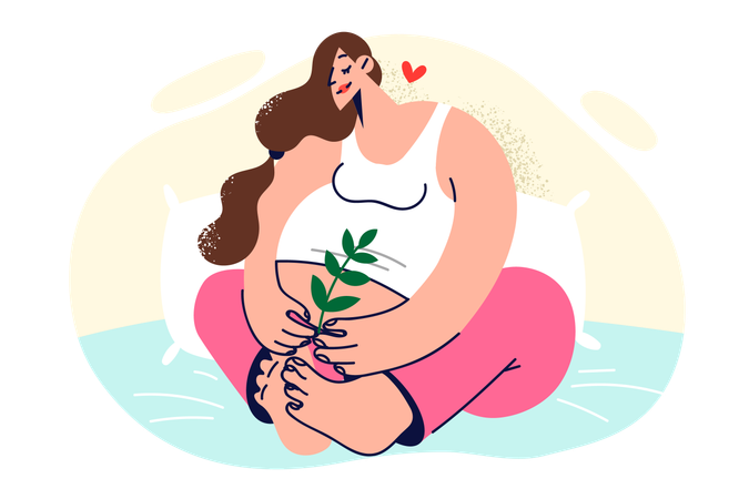 Pregnant woman is sitting on bed  Illustration