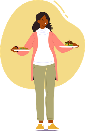 Pregnant Woman Making Choice Between Healthy And Unhealthy Meals Standing In Kitchen With Two Plates Illustration