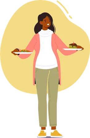 Pregnant Woman Making Choice Between Healthy And Unhealthy Meals Standing In Kitchen With Two Plates  Illustration