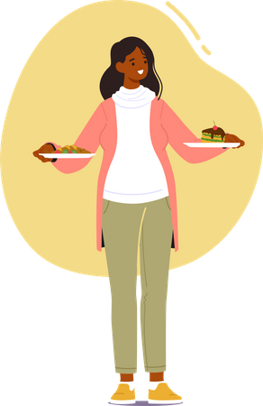 Pregnant Woman Making Choice Between Healthy And Unhealthy Meals Standing In Kitchen With Two Plates  イラスト