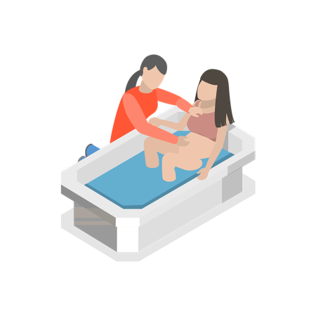 Pregnant woman sitting in bathtub and giving birth to child  Illustration