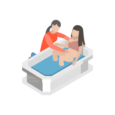Pregnant woman sitting in bathtub and giving birth to child  Illustration