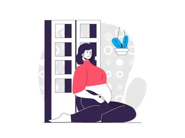 Pregnant woman sitting on floor in room Illustration