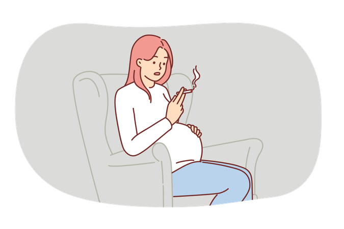 Pregnant woman smokes cigarette sitting in chair and risks health child due to nicotine addiction  Illustration