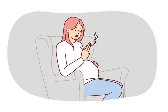 Pregnant Woman Smokes Cigarette Sitting In Chair And Risks Health Of Child Due To Nicotine Addiction Pregnant Girl And Expectant Mother Does Not Know About Dangers Of Tobacco For Unborn Baby 일러스트레이션