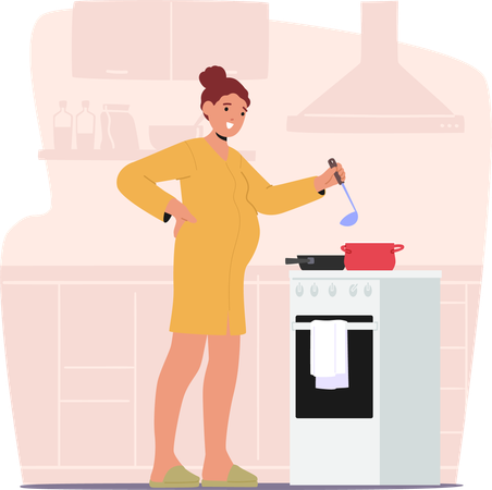 Pregnant Woman Stands By Stove Stirring Pot Of Nourishing Meal  Illustration