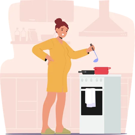 Pregnant Woman Stands By Stove Stirring Pot Of Nourishing Meal  Illustration