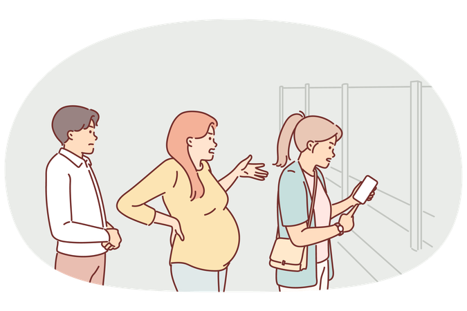 Pregnant woman stands in queues and impatiently shouts to hurry staff of pharmacy or grocery store  Illustration