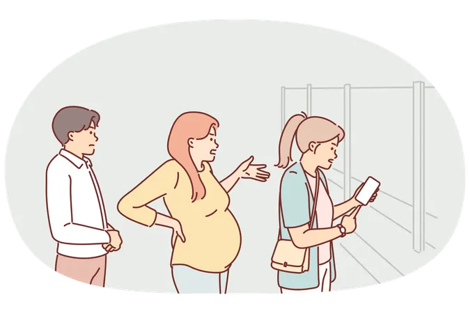 Pregnant woman stands in queues and impatiently shouts to hurry staff of pharmacy or grocery store  Illustration