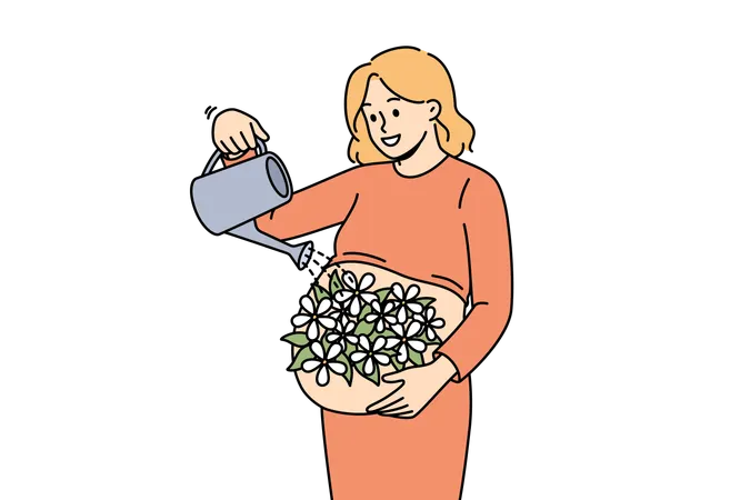 Pregnant woman take care of future child by watering belly with flowers as sign of love  Illustration