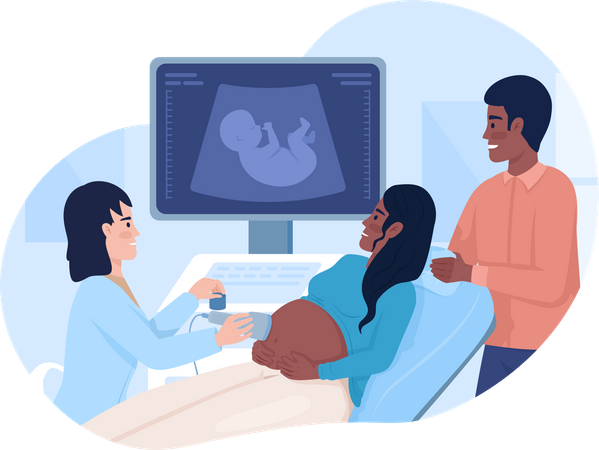 Pregnant woman undergoing ultrasound scan with partner  Illustration