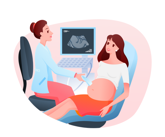 Pregnant woman visiting doctor for sonography examination  Illustration