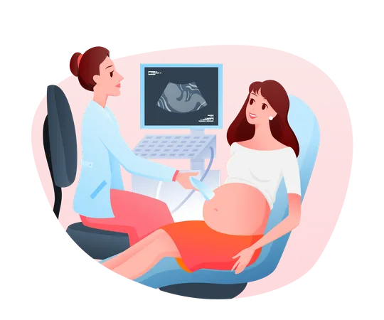 Pregnant woman visiting doctor for sonography examination  Illustration