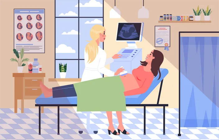 Pregnant woman visiting doctor in hospital Illustration