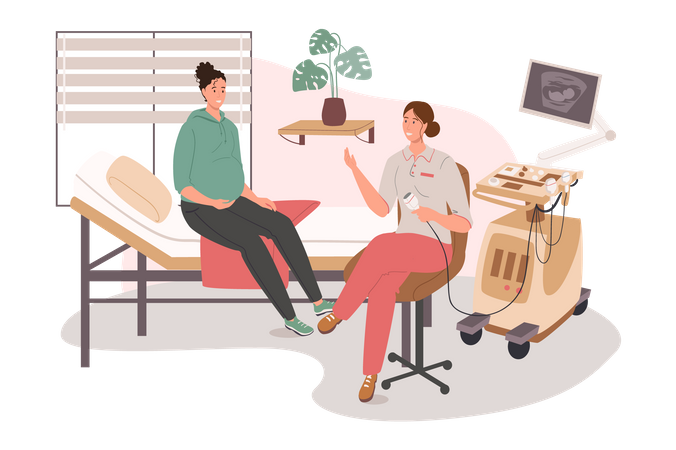 Pregnant woman visiting doctor in hospital  Illustration