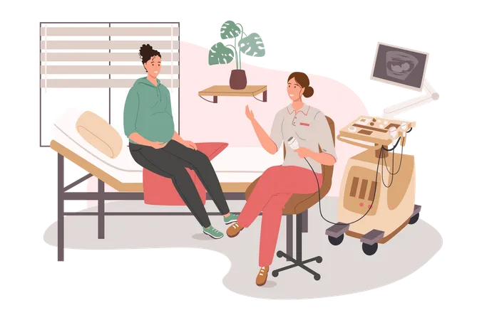 Pregnant woman visiting doctor in hospital  Illustration