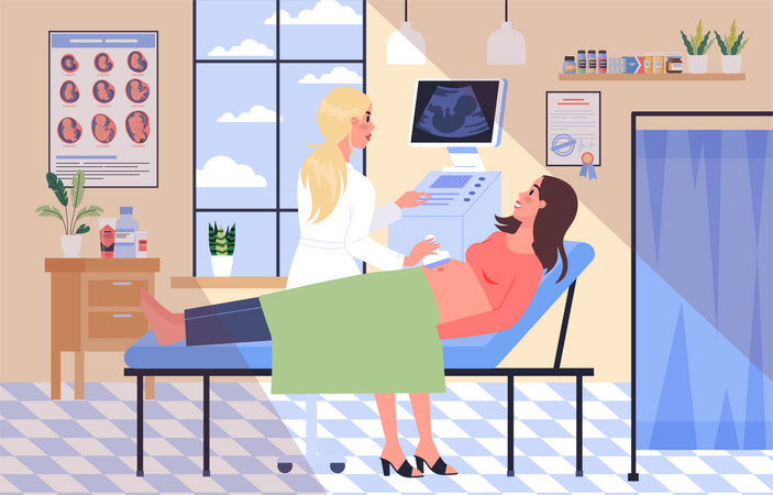 Pregnant woman visiting doctor in hospital  일러스트레이션