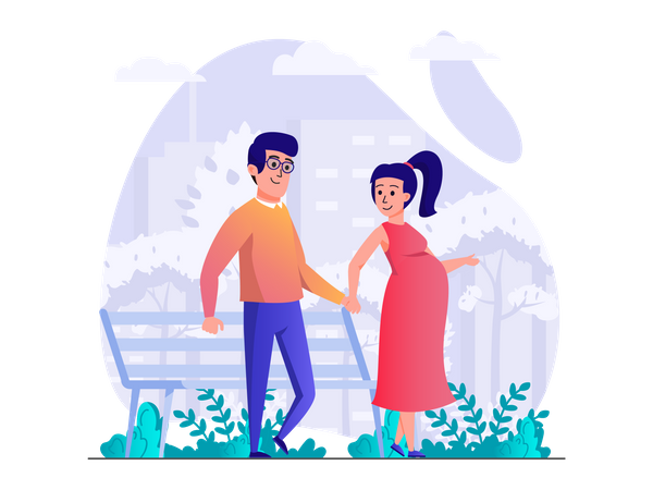 Pregnant woman walking in park with husband Illustration