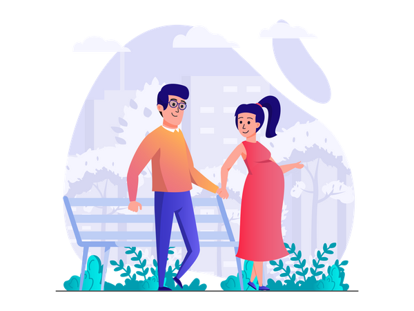 Pregnant woman walking in park with husband  Illustration