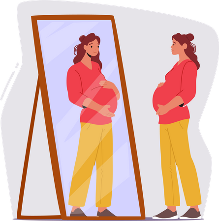 Pregnant Woman With Hands On Belly Looks At Herself In Mirror Illustration
