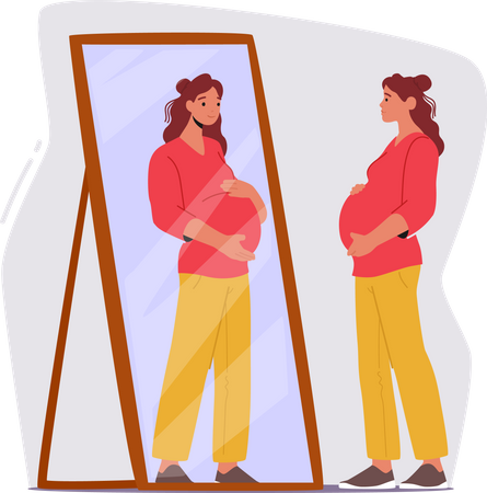 Pregnant Woman With Hands On Belly Looks At Herself In Mirror  Illustration