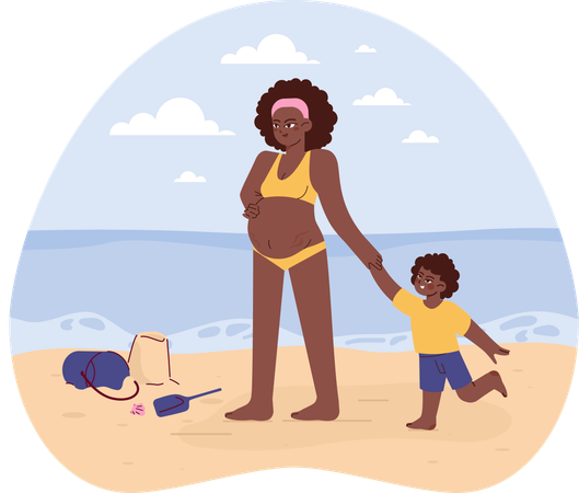 Pregnant woman with her son at beach  Illustration