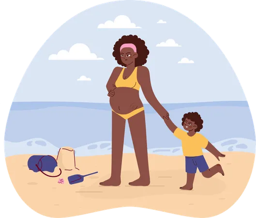 Pregnant woman with her son at beach  Illustration