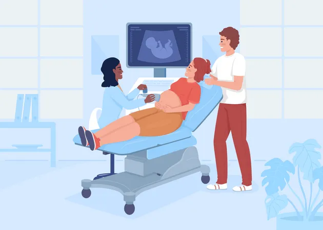 Pregnant woman with husband at sonogram scanning  Illustration