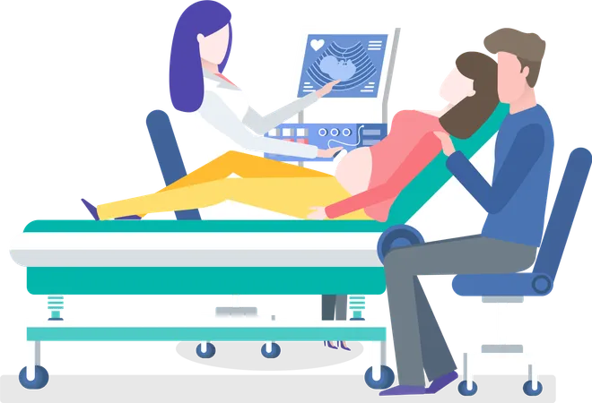 Gynecologist Checkup Vector Pregnant Woman With Husband In Hospital Ultrasound Scanning Of Embryo Medical Worker With Patient And Man Flat Style Illustration