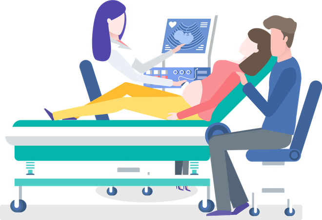Pregnant Woman with husband in hospital for sonography  일러스트레이션