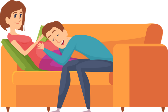 Pregnant woman with husband on sofa  イラスト