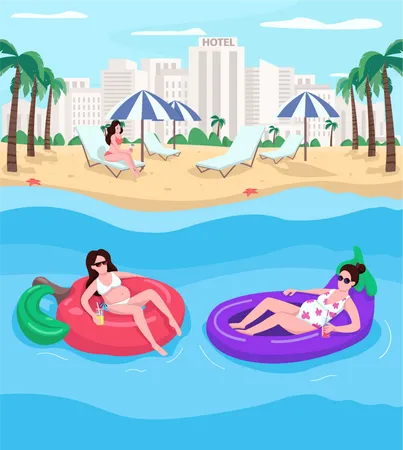 Pregnant women resting at beach Illustration