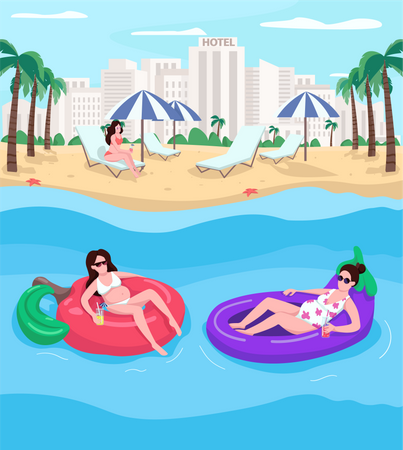 Pregnant women resting at beach  Illustration