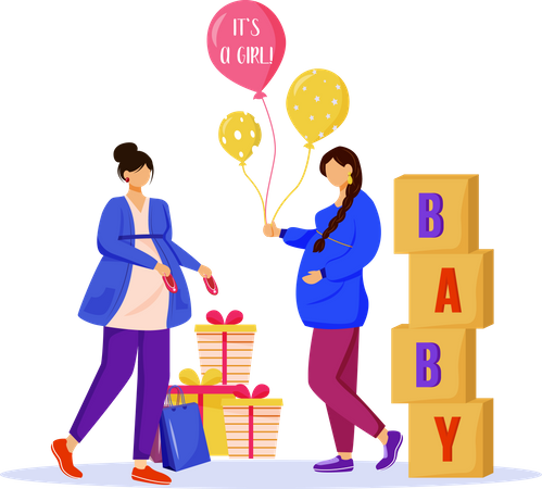 Pregnant women with baby shower gifts Illustration
